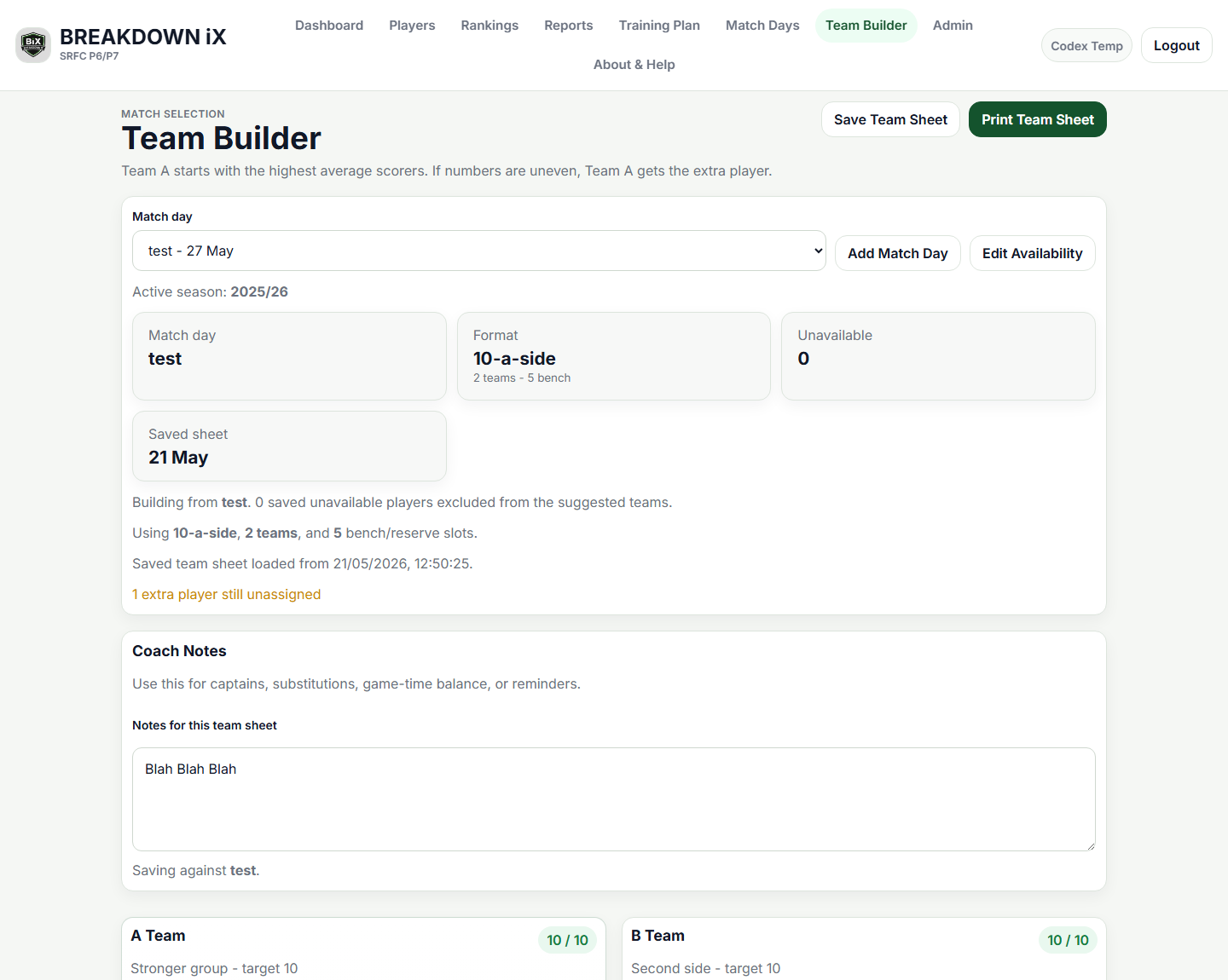 Breakdown iX team builder showing two match-day teams and coach notes.