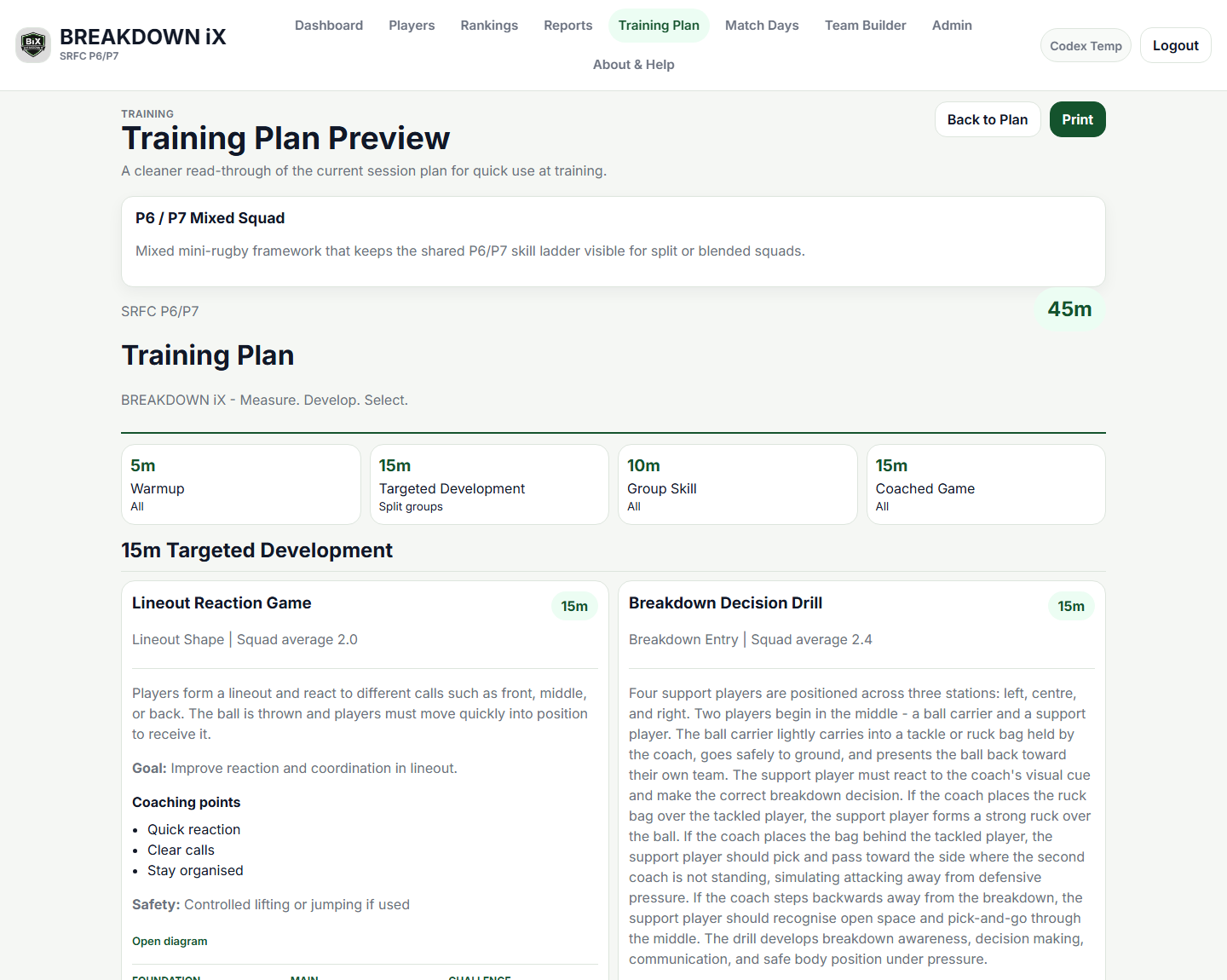 Breakdown iX training plan preview showing timed blocks and targeted drills.